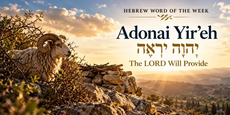 Ram caught in a thicket beside a stone altar with wood on a hilltop at sunrise, with the text Hebrew Word of the Week: Adonai Yir’eh (יְהוָה יִרְאֶה), The LORD Will Provide